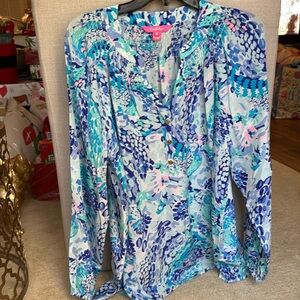 Lilly Pulitzer Turquoise Oasis Wave After Wave Blue Blouse XL NWOT
